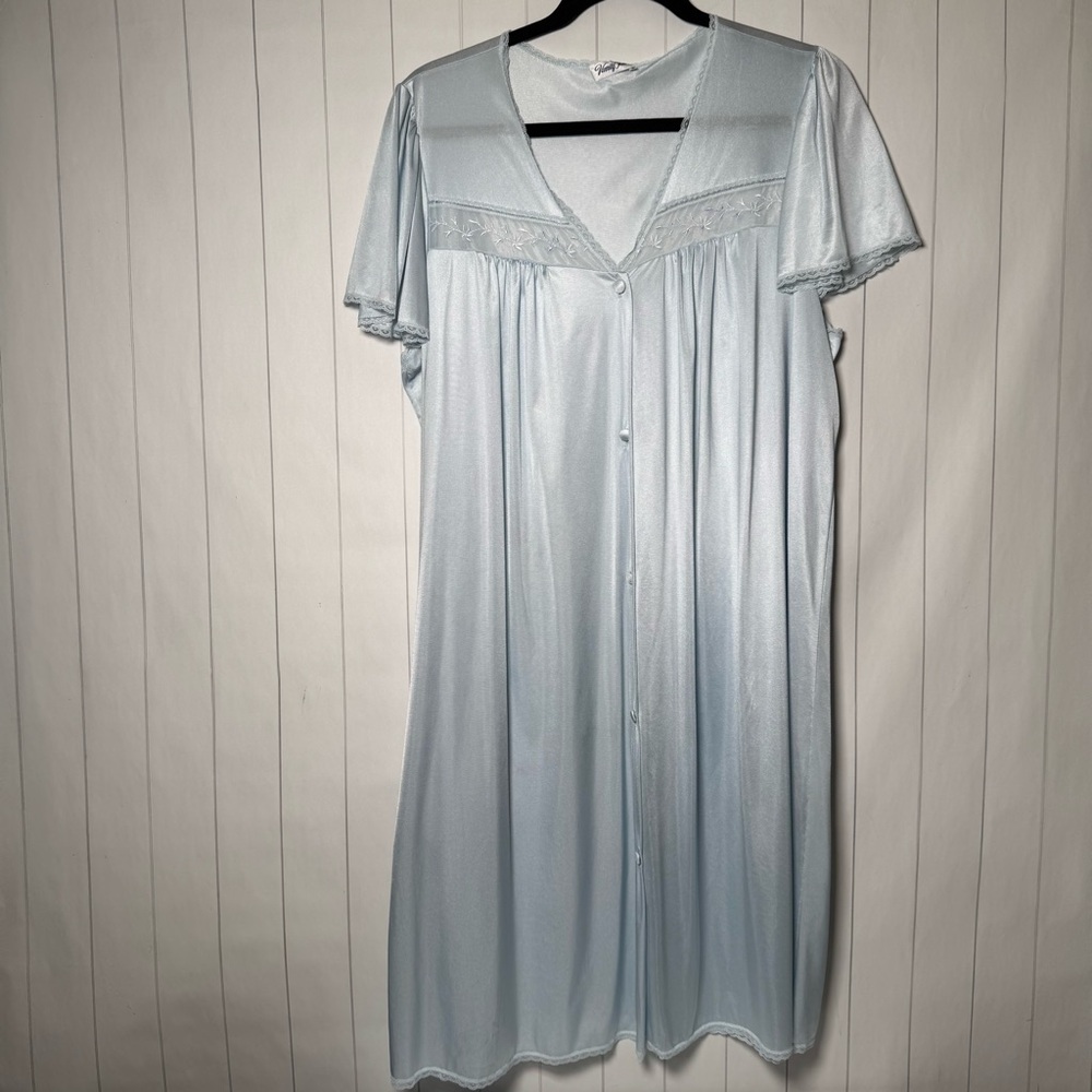 Vintage Vanity Fair Light Blue Satin House Gown Classy Midi Button Dress Large